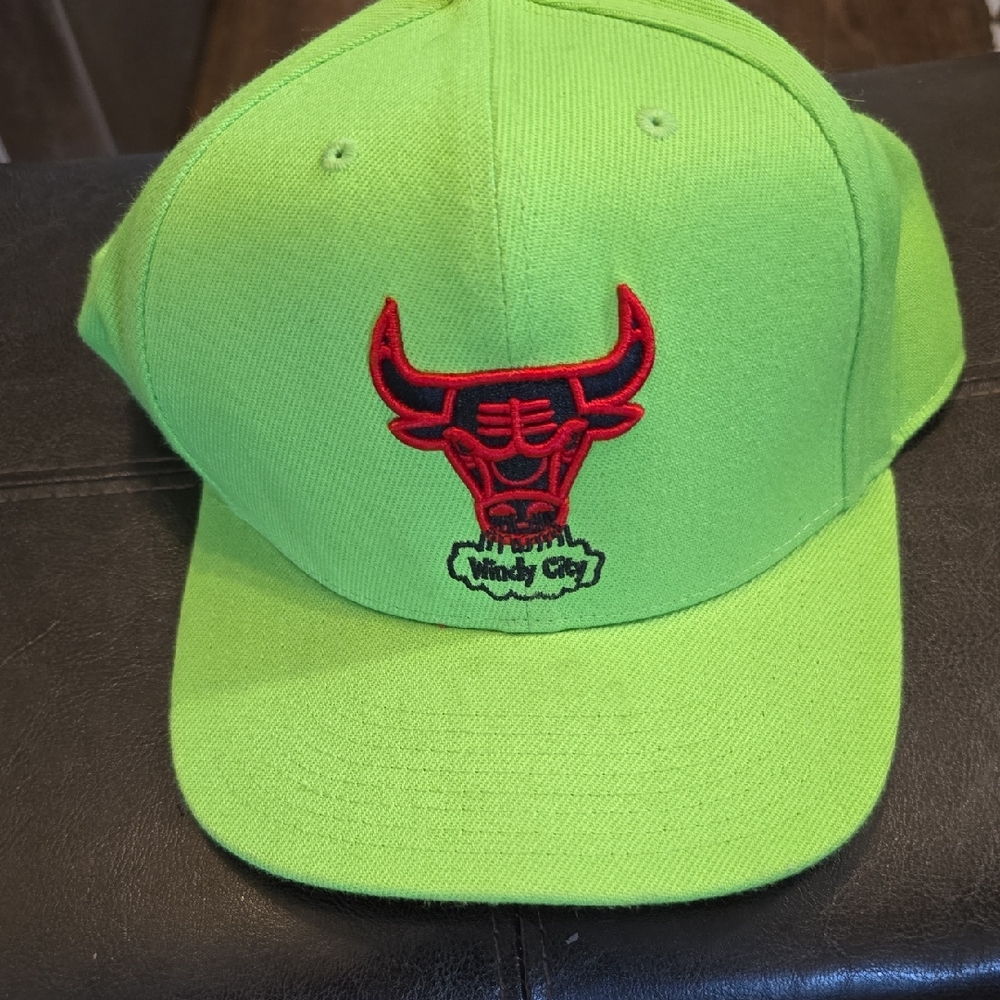 Mitchell & Ness Neon Green Chicago Bulls Cap with Red Logo